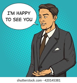 Man in a business suit speaks cartoon pop art vector illustration. Human comic book vintage retro style. 