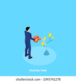 a man in a business suit sprinkles a rising chart from a watering can, isometric image