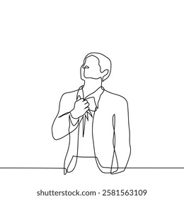 man in business suit standing loosens shirt collar - one line art vector. Handmade vector not AI