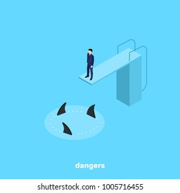a man in a business suit is standing on a diving platform and below are swimmers sharks, an isometric image