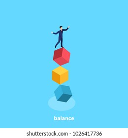 a man in a business suit is standing on cubes trying to keep balance, isometric image