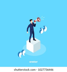 a man in a business suit is standing on a white cube with a loudspeaker, an orator's speech, an isometric image