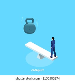 a man in a business suit is standing on one catapult's rim, and on the other end is a huge weight, an isometric image