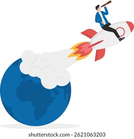 a man in a business suit is standing on a flying rocket and the globe,


