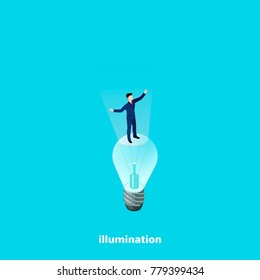 a man in a business suit is standing on a light bulb, isometric image