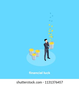 a man in a business suit stands with a bucket under falling gold coins, an isometric image