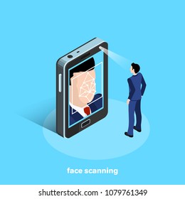 A Man In A Business Suit Stands In Front Of A Smartphone That Scans His Face, An Isometric Image