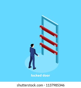 a man in a business suit stands in front of a large locked door, an isometric image