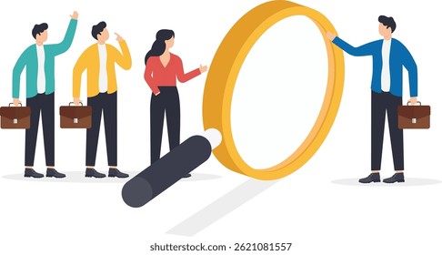 a man in a business suit stands in front of a large magnifier and selects candidates for work, search for qualified personnel

