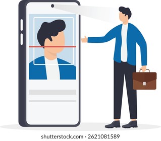 a man in a business suit stands in front of a smartphone that scans his face,

