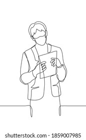 man in a business suit stands holding a tablet with papers in his hands and reads them. one line drawing man checks, reads documents or contract