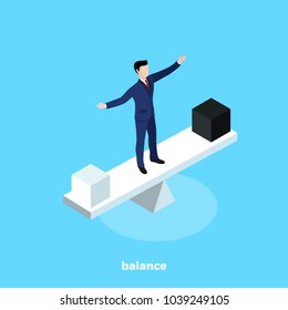 A Man In A Business Suit Stands In The Middle Of The Balance At The Point Of Equilibrium, An Isometric Image