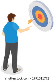 Man in business suit stands near large target. Businessman looking at target with arrow in middle as symbol of achieved goal. Male character throwing arrow, symbol of business success, development