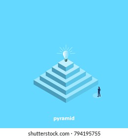 a man in a business suit stands near a large pyramid, isometric image