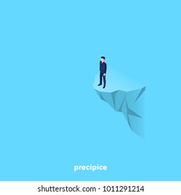 a man in a business suit stands on the edge of a rock, isometric image