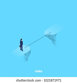 a man in a business suit stands on the brink of a precipice through which a thin bridge, an isometric image