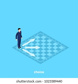 a man in a business suit stands on a chessboard and decides which one to make a move, an isometric image