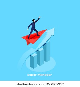 a man in a business suit stands on a paper airplane flying above a rising chart, an isometric image