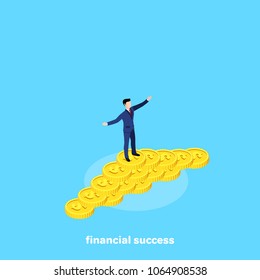 a man in a business suit stands on a pyramid of coins, an isometric image
