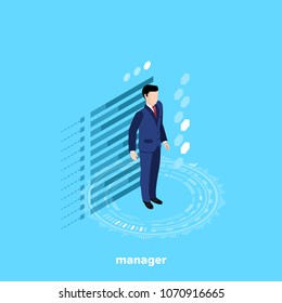 man in a business suit stands on a blue background, isometric image