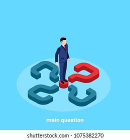 man in a business suit stands on a red question mark on a blue background, isometric image