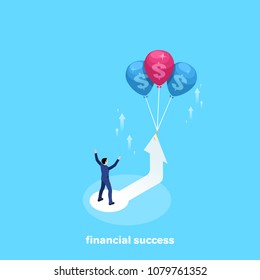 a man in a business suit stands on the arrow which starts to rise up with the help of balloons, an isometric image
