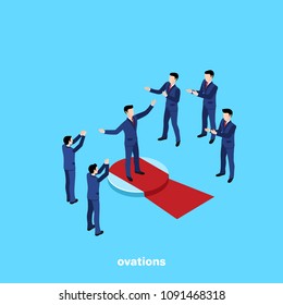 a man in a business suit stands on a red carpet and the others applaud him, an isometric image