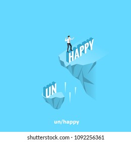 man in a business suit stands on the word happy, isometric image
