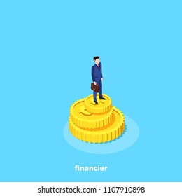 a man in a business suit stands on a pyramid of gold coins, an isometric image