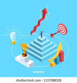 a man in a business suit stands on top of a pyramid, isometric image