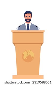 Man in a business suit stands on a rostrum in front of the microphones. Man orator speaking from tribune. Vector illustration