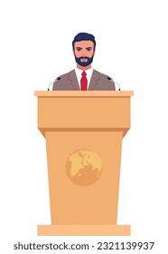 Man in a business suit stands on a rostrum in front of the microphones. Man orator speaking from tribune. Vector illustration