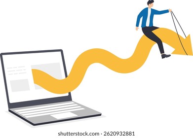 man in a business suit stands on a arrow coming out of a laptop,