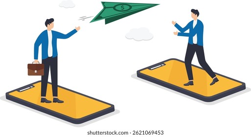 a man in a business suit stands on a laptop and launches a paper airplane from the bill, payment or transfer money

