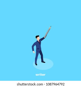 a man in a business suit stands with a pencil raised, an isometric image