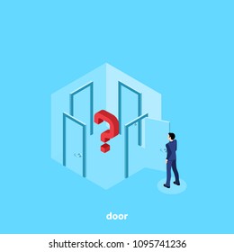 a man in a business suit stands in a room with four doors and thinks which one to go to, an isometric image