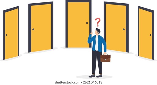 a man in a business suit stands in a room with four doors and thinks which one to go to,

