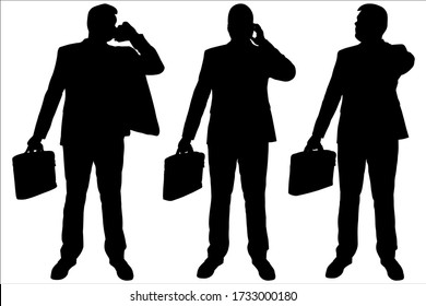 Man in a business suit stands still. Front view, full face. Businessman with a briefcase in hands and a mobile phone. Negotiating. Talking. Three black silhouettes isolated on a white background.