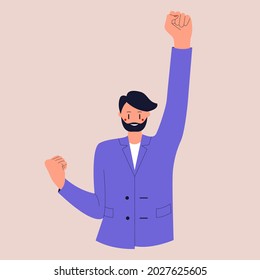 A man in a business suit stands in the winner's pose. A confident businessman. Colorful flat vector illustration on isolated background. Eps 10.