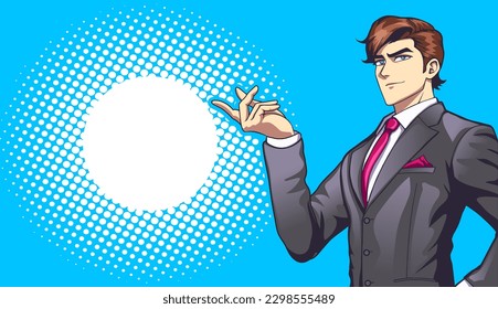 Man in a business suit in the style of manga and anime. Successful young businessman. Vector illustration on a bright background. Vector image.