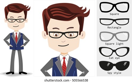 Man in business suit, stylish rectangle shaped glasses with additional glasses - square, light, cat eye and spy style.