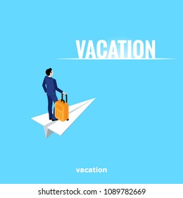 a man in a business suit with a suitcase flies on a white paper airplane, an isometric image