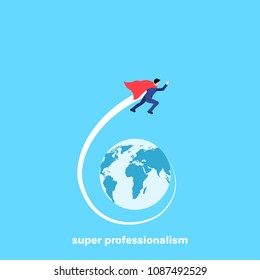 a man in a business suit and a super cloak flies around the globe, an isometric image