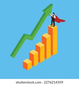 Man in a business suit and a superhero cape standing on an uptrend chart 3d isometric vector illustration concept for banner, website, landing page, ads, flyer template