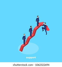 a man in a business suit in a superhero's cloak raises a graph high in the sky, an isometric image