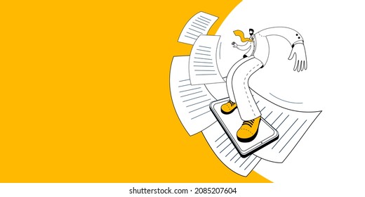 A man in a business suit is surfing business documents. The concept of vector illustration on the topic of Internet search and data analysis. Template for a horizontal banner.