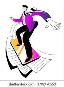 A man in a business suit surfs the news on the phone. Concept of a vector illustration in neon colors.