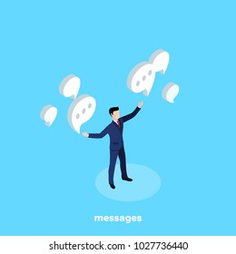 man in a business suit surrounded by messages, isometric image