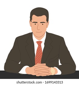 a man in a business suit at the table. Frontal view. Flat vector illustration.