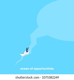 a man in a business suit with a telescope sails on a paper boat along a narrow channel entering the ocean, an isometric image